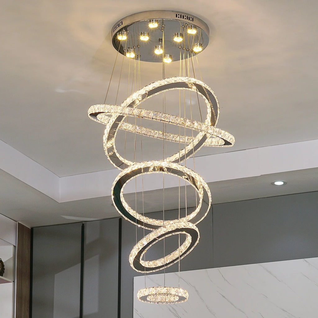 Stair Hanging Long Drop Light Crystal Pendant Lights Round Staircase Chandelier