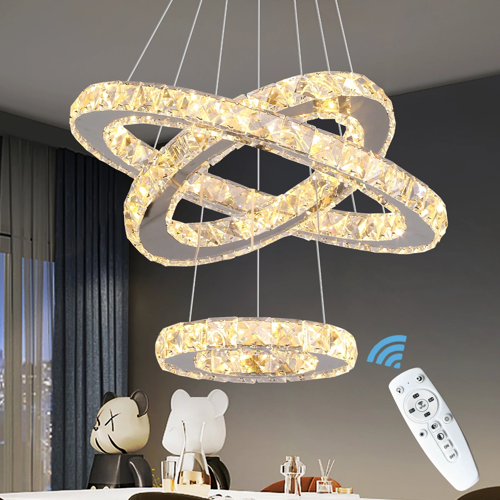 luxoluxoralightModern LED Lighting  3 Rings Hanging Crystal Chandelier Pendant Light