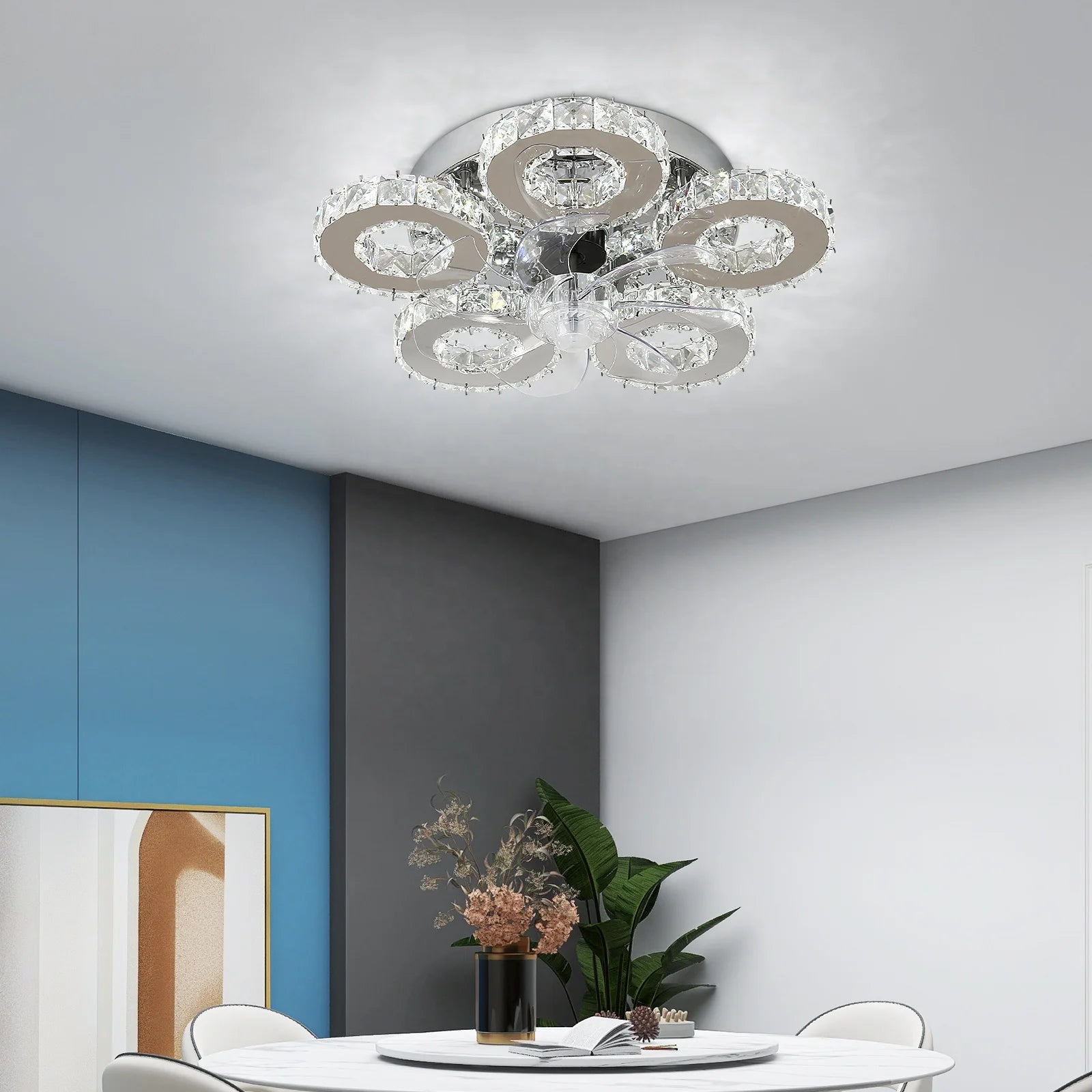 luxoluxoralightLed 30W Dc      Motor Chrome Abs 7 Blades Dimmable Remote Control Stainless Steel Crystal Ceiling Fan