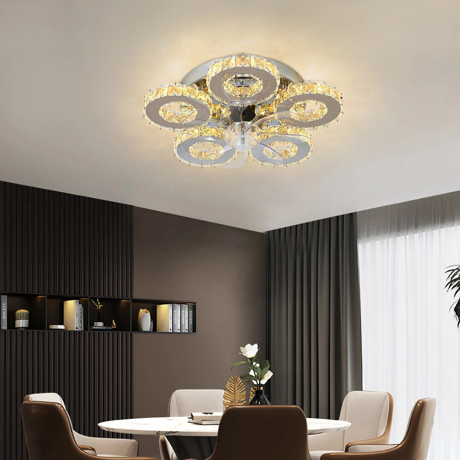 luxoluxoralightLed 30W Dc      Motor Chrome Abs 7 Blades Dimmable Remote Control Stainless Steel Crystal Ceiling Fan