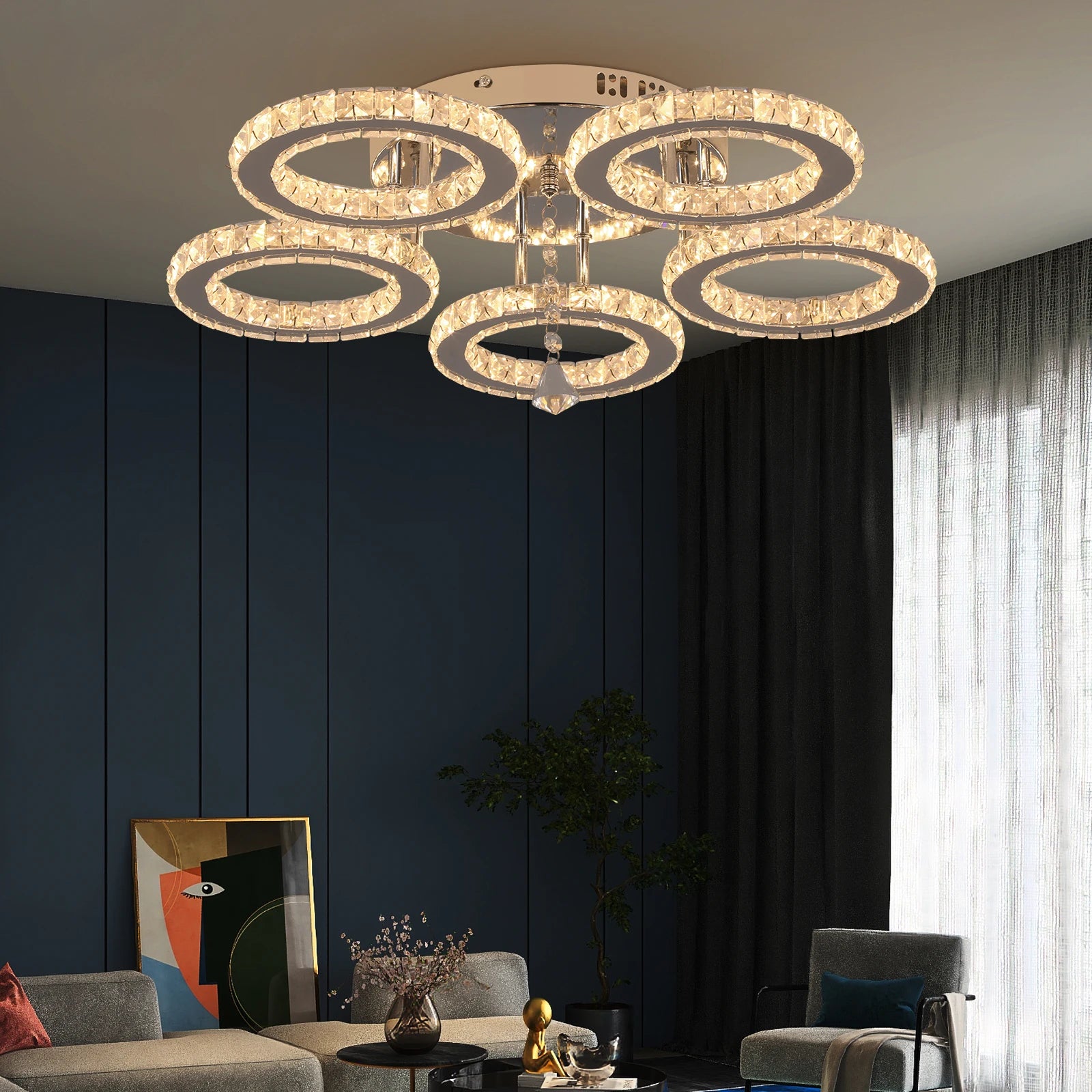 luxoluxoralight Surface Mounted Round Led Crystal Ceiling Lights for Living Room