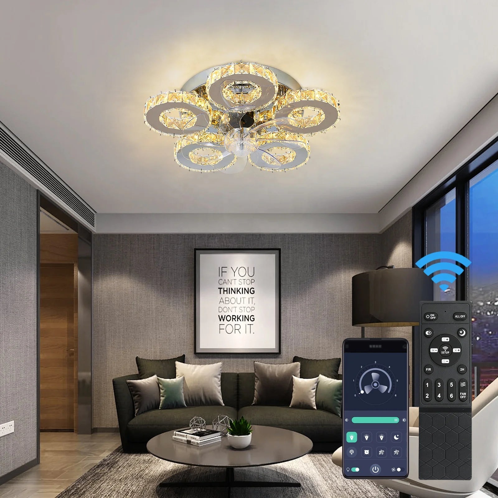 luxoluxoralightLed 30W Dc      Motor Chrome Abs 7 Blades Dimmable Remote Control Stainless Steel Crystal Ceiling Fan