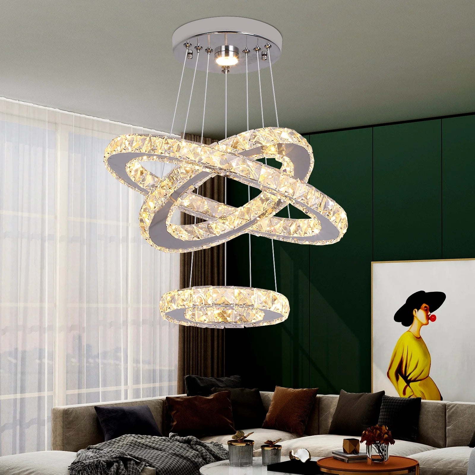 luxoluxoralightModern LED Lighting  3 Rings Hanging Crystal Chandelier Pendant Light