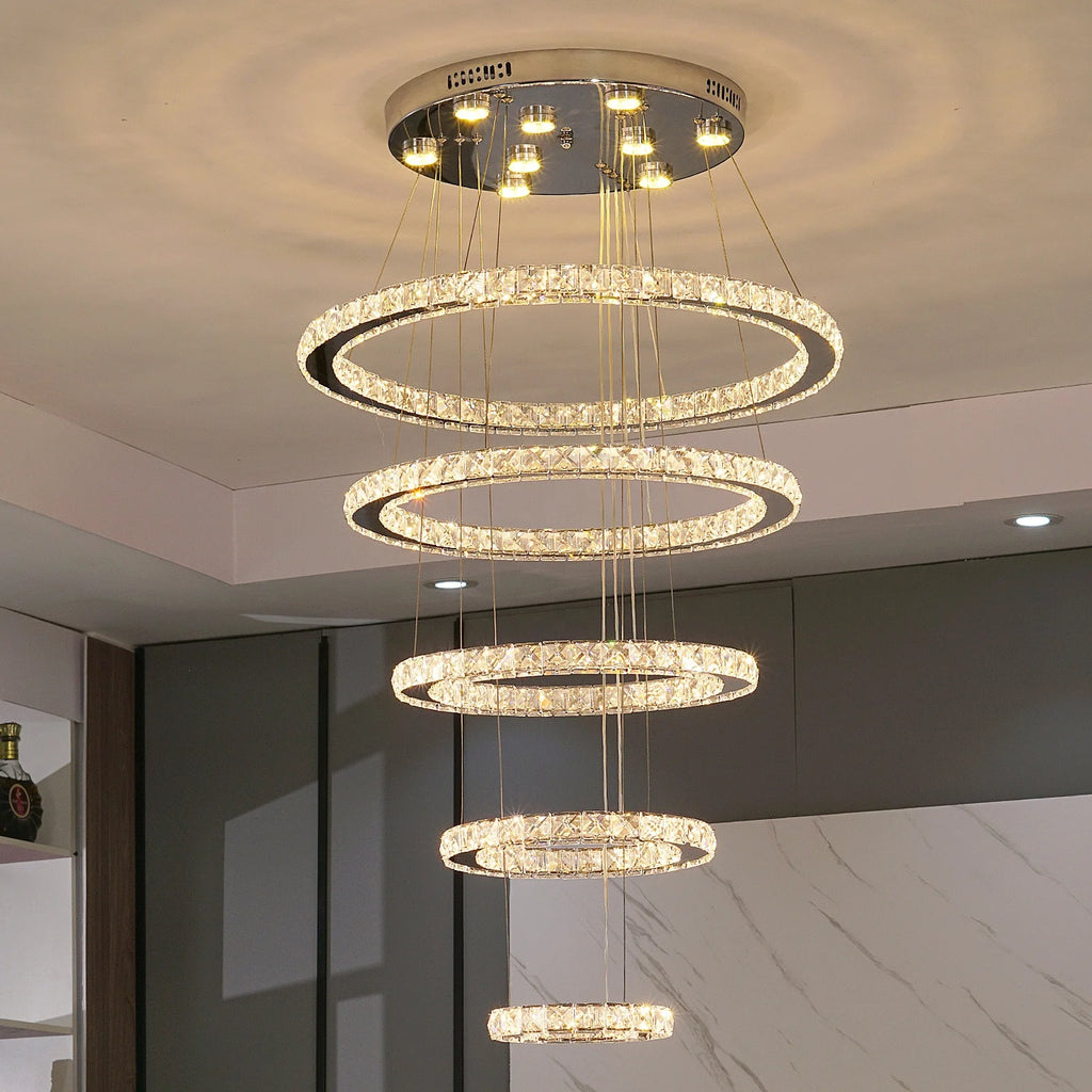 Stair Hanging Long Drop Light Crystal Pendant Lights Round Staircase Chandelier