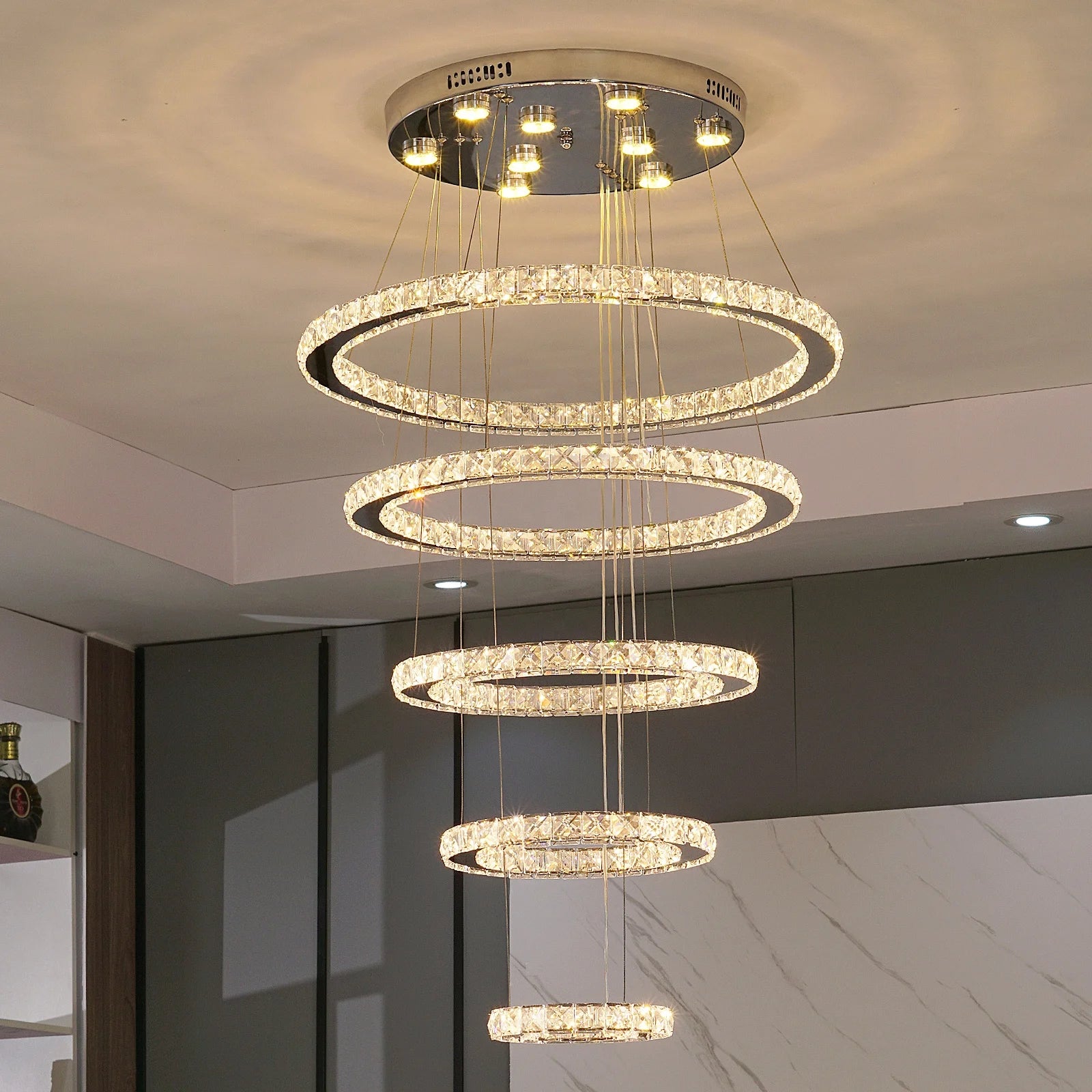 Stair Hanging Long Drop Light Crystal Pendant Lights Round Staircase Chandelier