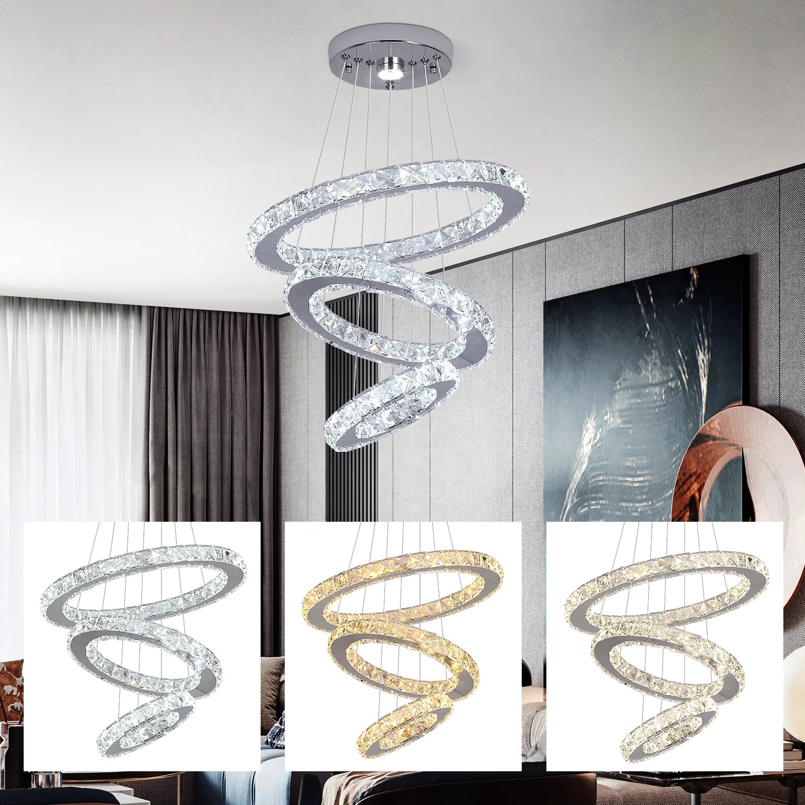 luxoluxoralightModern LED Lighting  3 Rings Hanging Crystal Chandelier Pendant Light